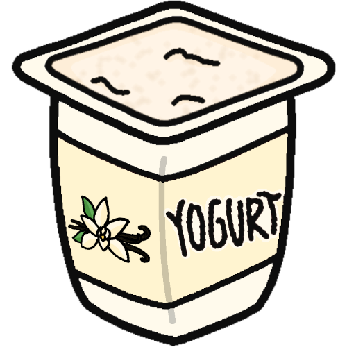 a cream colored cup of yogurt labeled as such with a vanilla flower graphic on the side.